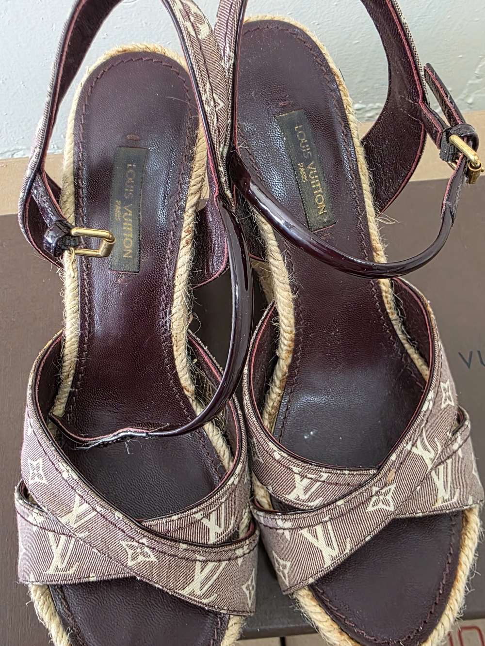 Louis Vuitton Brown Monogram Espadrille Wedge Sandals with Dark Mahogany Straps